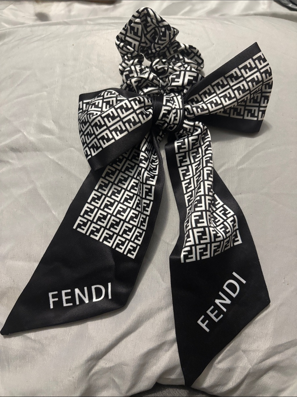Fendi Black & White FF Logo Bow Scrunchie Scarf